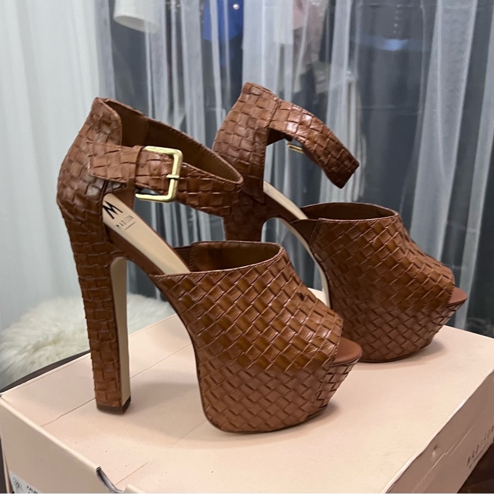 Woven, high heeled platform, ankle strap sandals. Never Worn.